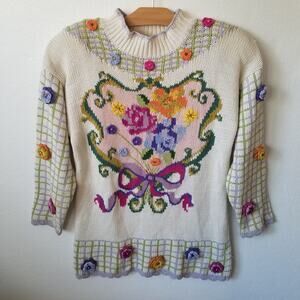 Vtg Rebecca Stone Womens M Sweater 3D Crochet Flowers Garden Cottagecore Granny